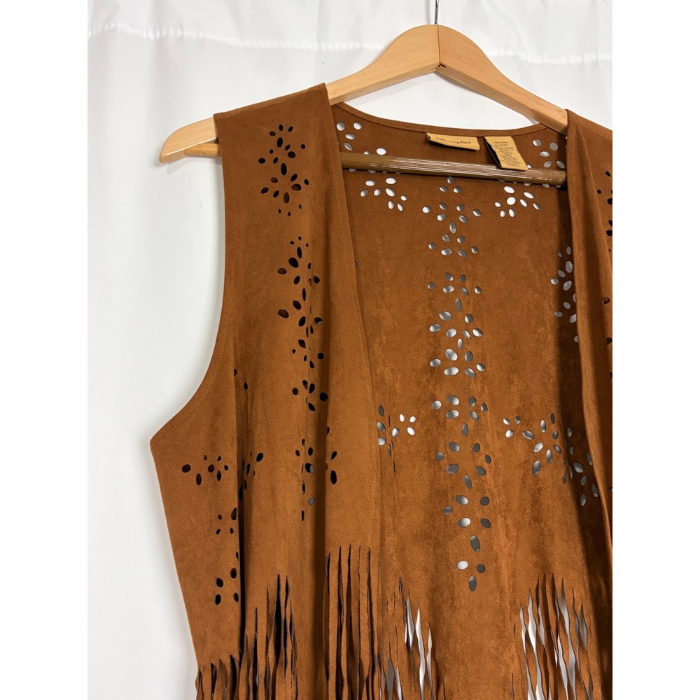Wrangler Womens Boho Western Faux Suede Fringe Vest Brown Cowgirl Country Large - Picture 2 of 7